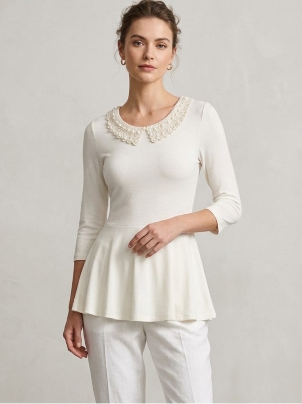 Cream Top with Embroidered Pearl Collar